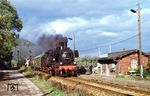 38 1182 mit dem regulären Nahverkehrszug 15105 auf der 15 km langen Stichbahn von Orlamünde nach Pößneck unterer Bf in Freienorla. Die P 8 pendelte an diesem Tag mehrmals im Umlauf einer V 100 auf der Orlabahn. (09.10.1993) <i>Foto: Günter Hauthal</i>