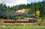 99 5904 mit P 69711 vor Harzgerode. Während auf der Harzquerbahn vor allem die Nachkriegs-Dampfloks der DR-Einheitsbaureihe 99.23–24 eingesetzt wurden, kamen auf der Selketalbahn meist die Oldtimer der ehemaligen Nordhausen-Wernigeroder Eisenbahn-Gesellschaft (NWE) zum Einsatz. 99 5904 stammt immerhin aus dem Jahr 1901. (19.09.1986) <i>Foto: Wolfgang Bügel</i>
