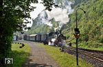 Nach einer aufwendigen und mehrere Jahre dauernden Aufarbeitung ist die Malletdampflok BBn4vt "11sm" der Brohltalbahn seit März 2015 dort wieder im Einsatz. Hier macht sie sich mit einem Sonderzug im Bahnhof Brohl BE bereit. (21.04.2018) <i>Foto: Zeno Pillmann</i>