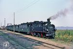 Die sächs. IV K 99 587 hat es weit in den Norden zum Bw Putbus verschlagen. Im Sommer 1969 wartet sie an der Wittower Fähre auf die Abfahrt nach Bergen. Mit der Eröffnung der 750 mm Schmalspurbahnstrecke Bergen – Trent – Wittower Fähre – Wiek – Altenkirchen der Rügenschen Kleinbahn (RüKB) am 21. Dezember 1896 setzte ein leistungsfähiger und regelmäßiger Fährverkehr ein. Die beiden Fährschiffe „Wittow“ und „Bergen“, die 1896 bzw. 1911 in Stettin gebaut wurden, trajektierten jahrzehntelang jeweils drei Waggons oder (bei Bedarf) eine Dampflokomotive, wobei in der Regel nur Güterwagen übergesetzt wurden, Personen mussten umsteigen. Am 10. September 1968 wurde der Streckenabschnitt Wittower Fähre (Fährhof) – Altenkirchen stillgelegt, und die Schiffe transportierten von nun an nur noch Fußgänger und Autos. Damit war diese einzigartige Kleinbahnfähre Geschichte. Am 19. Januar 1970 wurde auch der Streckenabschnitt Bergen – Wittower Fähre stillgelegt. (07.09.1969) <i>Foto: David Adams</i>