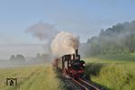 99 633 dampft durch den Frühnebel bei Goppertshofen. Im Hintergrund ist schemenhaft das Kloster Ochsenhausen zu erkennen. (25.05.2018) <i>Foto: Zeno Pillmann</i>