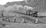 65 1073 (Bw Arnstadt) rollt mit P 8039 nach Saalfeld bei Singen ins Gefälle. (03.1976) <i>Foto: Burkhard Wollny</i>