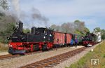 In Nebitzschen wurden mehrere Doppelausfahrten organisiert, wobei 99 584 Richtung Glossen fahren wird und 99 574 Richtung Kemmlitz. (08.09.2018) <i>Foto: Andreas Höfig</i>