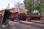 Zum Feierabend am ersten Bahnhofsfesttag versammeln sich beide IV k gegen 19.30 Uhr vor dem Schuppen in Mügeln. (08.09.2018) <i>Foto: Andreas Höfig</i>