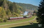 Diese kuriose Bespannung mit einem SAB-Triebwagen (NE 81) und dem Sonderzug aus Karlsruhe mit 58 311 wurde bei Hütten abgepasst. (30.09.2018) <i>Foto: Joachim Schmidt</i>