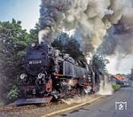 99 7244 mit einer unbekannten Schwesterlok donnern vor einem Rollwagen-Güterzug durch die Straße "Unter den Zindeln" in Wernigerode-Westerntor. (1977) <i>Foto: Karsten Risch</i>