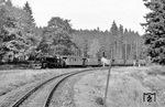 99 0231 verlässt mit P 69753 nach Schierke den Bahnhof Drei Annen Hohne. Zu DDR-Zeiten endeten die Züge in Schierke, der Brocken war Sperrgebiet. Das vordere Gleis führt Richtung Eisfelder Talmühle/Nordhausen. (1979) <i>Foto: Karsten Risch</i>