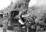 Szene während der Indizierfahrt der Lok 007, einer Kleinserie einer 50 PS-Werklok mit Antrieb auf der dritten Achse, die als Baureihe Tg bezeichnet wurde, auf der 750mm Schmalspurbahn Freital-Hainsberg - Kurort Kipsdorf. (07.1949) <i>Foto: Slg. Eisenbahnstiftung</i>