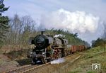 52 6351 vom Bw Senftenberg (BMAG, Baujahr 1944) auf der Niederlausitzer Eisenbahn zwischen Luckau und Lübben. (04.1975) <i>Foto: Karsten Risch</i>