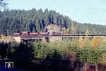 99 1585 mit einem Rollwagengüterzug auf dem Muldetalviadukt bei Schönheide Süd. (1975) <i>Foto: Karsten Risch</i>