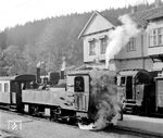 99 5902 begegnet mit P 69713 nach Gernrode der 99 6001, die aus der Gegenrichtung in Alexisbad eingetroffen ist. (22.10.1977) <i>Foto: Gerhard Moll</i>