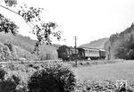 91 1671 (Jung, Baujahr 1912) mit P 3858 im Sebnitztal bei Großdorf-Kohlmühle auf der Strecke nach Bad Schandau. (07.1951) <i>Foto: Dieter Kraus, Slg. Johannes Glöckner</i>