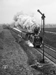 Schnellzugdampf war immer eine beeindruckende Höchstleistung für Lok und Personal. Der Städteschnellverkehrszug D 1071 (Berlin - Dresden) fuhr die 166 km von Berlin-Schönefeld bis Dresden-Neustadt ohne Halt. Die Leistung des Heizers war hier beachtlich, war doch der Kohleverbrauch einer ständig unter Vollast fahrenden 01 besonders hoch. Die Fahrzeiten der Dampfzüge wurden erst ab Mai 1992 übertroffen, als Abschnittsweise die Geschwindigkeit zwischen Dresden und Berlin auf 160 km/h angehoben wurde. (12.04.1977) <i>Foto: Joachim Schmidt</i>