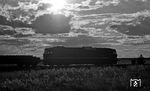 Eine DR 132 fährt mit einem Schwellenzug bei Angermünde in den Sommerabend. (07.1976) <i>Foto: Burkhard Wollny</i>