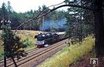 03 0075 mit D 555 nach Erfurt in Höhe der ehemaligen Blockstelle Drewin zwischen Neustrelitz und Fürstenberg/Havel. (10.07.1977) <i>Foto: Dr. Uwe Knoblauch</i>