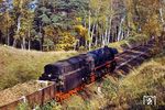 44 0568 (Bw Eberswalde) fährt mit einem Zuckerrübenzug in der Nähe der ehemaligen Blockstelle Wildtränke bei Melchow nordwärts. (14.10.1977) <i>Foto: Dr. Uwe Knoblauch</i>
