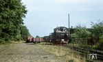 Außerhalb der Erntezeit standen in Breddin oft zahlreiche arbeitslose Güterwagen. Nach einem Gleisplan von 1945 befanden sich alle hier sichtbaren Gleisanlagen auf Reichsbahngelände. Die Ladestraße und die Personenhaltestelle lagen außerhalb.  (31.08.1967) <i>Foto: Klaus Kröber (Sammlung Ludger Kenning)</i>