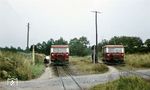 Der Abzweig Vettin fungierte zugleich als Kreuzungsstation. Gegen 15 Uhr muß der VT 133 524 (rechts; als P 1013 Kyritz – Lindenberg) den VT 133 525 (links; als P 1016 Viesecke – Pritzwalk) abwarten. Erkennbar ist auch, daß die Straße in der Senke bis auf Gleisniveau abgesenkt werden mußte. Nach dem Gleisabbau hob man ihre Trasse um ungefähr 1,50 m an.  (30.08.1967) <i>Foto: Klaus Kröber (Sammlung Ludger Kenning)</i>