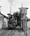 Zwischen den Zügen 4486 und 4887 blieb der 99 4701 in Havelberg etwa 1½ Std. Zeit, um sich restaurieren und versorgen zu lassen. Im Schuppen steht eine kalte IV K, rechts der aus der Normalspurzeit stammende Sockel des Bekohlungskrans. Beim Bau der Schmalspurbahn hat man keinen neuen Kran montiert, ebenso wie der Kohlenbansen nicht mehr als solcher genutzt wurde. (19.09.1970) <i>Foto: Hans-Joachim Simon (Archiv Ludger Kenning)</i>