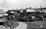 Blick in das Bw Rostock mit den dort stationierten 50 0053 (ex 50 930, 50 3674) 50 0055 (ex 50 734, 50 3677) und 03 2234. (12.09.1971) <i>Foto: Robin Fell</i>