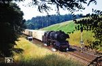 Die Angermünder 50 0034 nähert sich mit einem Kühlwagenzug dem Haltepunkt Chorin. (01.07.1977) <i>Foto: Dr. Uwe Knoblauch</i>