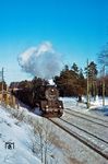 Die ehemalige 50 1274, seit 1966 als ölgefeuerte 50 5035 (50 0035) unterwegs, mit einem Güterzug südlich von Eberswalde am ehemaligen Bk. Spechthausen. (03.1979) <i>Foto: Dr. Uwe Knoblauch</i>