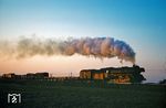 Die letzten Sonnenstrahlen erreichen eine 41er, die mit einem Güterzug von Oebisfelde nach Magdeburg bei Wegenstedt unterwegs ist. (04.1978) <i>Foto: Dr. Uwe Knoblauch</i>