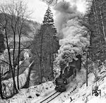 99 1606 dampft durch das wildromatische Preßnitztal bei Streckewalde. (02.01.1982) <i>Foto: Joachim Schmidt</i>