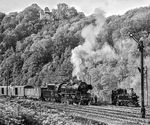 Normalspur trifft auf Schmalspur: In der Ausfahrt des Bahnhofs Wolkenstein begegnet 50 3646 mit Ng 64345 nach Annaberg auf die 99 1582 der Schmalspurbahn nach Jöhstadt. (04.06.1983) <i>Foto: Joachim Schmidt</i>