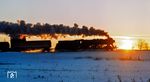 Eine ölgefeuerte 50.00 fährt an der Blockstelle Serwest nahe Angermünde in den Sonnenuntergang. (10.02.1979) <i>Foto: Karsten Risch</i>