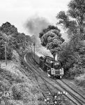 Die Lok des P 6017 (Jena - Gera) wurde im Bw Gera gewendet und brachte anschließend den P 6018 bis Hermsdorf-Klosterlausnitz. Das Göschwitzer Personal der 01 0519 hatte in Töppeln schon von weitem die Fotografen auf der Brücke der Bahnhofsausfahrt ausgemacht, und der Heizer drehte kurz den Ölschieber auf.  (15.08.1978) <i>Foto: Joachim Schmidt</i>