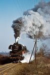 Die Glauchauer 58 3030 donnert mit einem Güterzug bei Lichtenstein/Sachsen vorbei. Im Oktober 1980 endete ihre aktive Einsatzzeit und sie wurde als Heizlok nach Rostock geschickt. (22.02.1980) <i>Foto: Dr. Uwe Knoblauch</i>