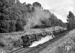 Benzin aus Schwedt befördert die Eberswalder 44 0592 (ex 44 1592) bei Greiffenberg, kurz vor Angermünde. (12.09.1978) <i>Foto: Joachim Schmidt</i>