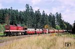 199 891, eine der 10 umgebauten Schmalspurvarianten aus der Baureihe 110.2, mit einem Personenzug auf dem Weg zum Brocken in Drei Annen Hohne. (09.1993) <i>Foto: Will A. Reed</i>