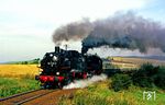 86 1333 und 86 1501 haben mittlerweile den MOROP-Sonderzug P 24505 aus Erfurt übernommen und dampfen bei Bechstedt-Trippstein die Steigung nach Schwarzburg hinauf.  (09.09.1987) <i>Foto: Wolfgang Bügel</i>