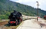 In Sitzendorf-Unterweißbach machte der Sonderzug Pause und die beiden 86er trennten sich für die Rückfahrt nach Rottenbach. 86 501 (86 1501) übernahm den Zugschluss, während 86 1333 an die Zugspitze wechselte. (09.09.1987) <i>Foto: Wolfgang Bügel</i>