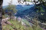 Blick in das Lauschauer Unterland mit Ng 64432 aus Sonneberg, der gleich den Bahnhof Lauscha erreichen wird. (27.05.1978) <i>Foto: Hans-Jürgen Müller</i>