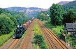 50 3646 (Bw Karl-Marx-Stadt) fährt mit Dg 54309 aus Zwickau in Aue Gbf ein. Der Bahnhof Aue besaß zur Reichsbahnzeit in den 1950er Jahren 96 Bahnhofsgleise mit 190 Weichen, gesteuert von vier Stellwerken. In Aue herrschte, auch bedingt durch die Uranförderung im Erzgebirge, ein so dichter Verkehr, wie er inzwischen kaum mehr vorstellbar ist. Zudem gab es für den Raum Aue sogar ein eigenes Reichsbahnamt.  (12.09.1987) <i>Foto: Wolfgang Bügel</i>