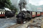 Zwei Mallets, 99 5906 und 99 5902, begegnen sich im Bahnhof Alexisbad auf der Selketalbahn. (27.07.1984) <i>Foto: Josef Mettler</i>
