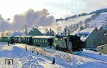 99 1781 fährt mit P 14316 aus Oberwiesenthal in Cranzahl ein. (23.02.1988) <i>Foto: Wolfgang Bügel</i>