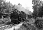 Neubaulok 99 1784 mit einem Personenzug bei Sellin West auf Rügen. Das Gleis liegt in einer Sandbettung. (04.09.1983) <i>Foto: Joachim Schmidt</i>