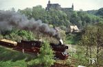 50 3576 mit dem Sandzug vor der Kulisse von Schloss Wechselburg im Muldental. In der DDR-Zeit diente das Schloss als „Kinder-Tuberkuloseheilstätte Dr. Friedrich Wolf“. Noch um 1991 wurde es als neurologisch-psychiatrisches Kinderkrankenhaus genutzt. Heute es leer und ist vom Verfall bedroht.  (05.1987) <i>Foto: Joachim Schmidt</i>