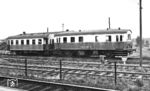 VT 201 (Gotha, Baujahr 1926) mit Beiwagen im Bahnhof Kahl/Main. Nach dem Konkurs der Kahlgrund-Eisenbahn AG und der Gründung der Kahlgrund Verkehrs-Gesellschaft (KVG) im Jahr 1951 erfolgte die Umzeichnung in VT 51. Er war noch bis 1975 im Einsatz. (1950) <i>Foto: Hermann Ott</i>