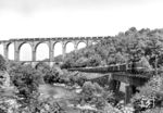 DR 110 320 mit einem GmP im Muldental bei Rochlitz. Über das Göhrener Viadukt fährt gerade eine DR 120 mit einem Güterzug. (06.1975) <i>Foto: Michael Malke</i>