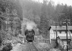 Eisenbahnidylle im Erzgebirge: 86 1312 hat mit P 17618 nach Blauenthal den 294 m langen Bockauer Tunnel und die Muldebrücke hinter sich gebracht und strebt dem nächsten Halt in Bockau entgegen. Heute kann man auf der alten Trasse Fahrrad fahren. (19.04.1976) <i>Foto: Joachim Schmidt</i>