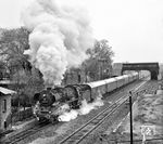 An einem regnerischen Maitag fährt 03 2243 (Bw Lutherstadt Wittenberg) mit P 3505 (Berlin-Schöneweide - Lutherstadt Wittenberg) aus Trebbin zwischen Ludwigsfelde und Luckenwalde. (03.05.1979) <i>Foto: Joachim Schmidt</i>