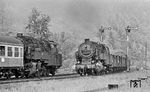 Der "kleine Grenzverkehr" E 2002 aus Ludwigsstadt mit 95 0045 wartet in Kaulsdorf die Durchfahrt eines Güterzuges mit 95 0037 ab. (05.1977) <i>Foto: Burkhard Wollny</i>