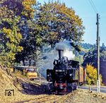 99 5904 fährt mit P 14456 nach Harzgerode in Mägdesprung ein. (10.1981) <i>Foto: Karsten Risch</i>