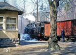 99 6001 wartet im Bahnhof Mägdesprung auf die Weiterfahrt nach Alexisbad. (04.1981) <i>Foto: Karsten Risch</i>
