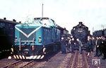 Um auf den sächsischen Schmalspurbahnen die Dampflokomotiven, insbesondere die überalterten sä. IV K, abzulösen, entwickelte der Lokomotivbau "Karl Marx" Babelsberg ab 1956 eine 750 mm Schmalspurlok, die eine Universallok für die Schmalspurbahnen werden sollte. Die Baumusterlokomotiven V 36 4801 und V 36 4802 wurden 1960 bzw. 1961 fertiggestellt. Da die Radsatzfahrmasse von 9,2 t über dem für die Serienfahrzeuge geforderten Limit von 7,5 t lag, konnten die Probefahrten nicht auf allen Strecken erfolgen. Zuerst erfolgten Tests im Wilsdruffer Netz, wie hier im Bahnhof Hainsdorf (Sachs). Die erreichte Zugkraft erfüllte die Erwartungen. Da jedoch die Radsatzfahrmasse zu hoch war, war ein Einsatz auf allen sächsischen Strecken unmöglich. Außerdem offenbarten die beiden Lokomotiven noch viele „Kinderkrankheiten“. Die Schallisolierung war unzureichend, es entstand ein hoher Lärmpegel im Führerstand und außerhalb der Lokomotiven, und auch die Zugänglichkeit der Aggregate war schlecht gelöst. Nach Abschluss der Erprobung im Herbst 1962 wurden die Lokomotiven abgestellt und nach Ausbau weiterverwendbarer Bauteile 1964 in Zittau verschrottet. Von der Reichsbahn wurden sie nicht übernommen. (1961) <i>Foto: Gerhard Illner</i>